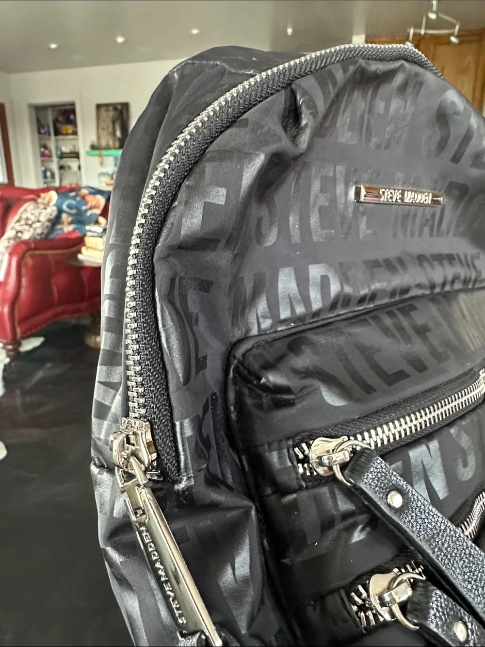 Steve Madden Black Logo Print Backpack with Silver Hardware